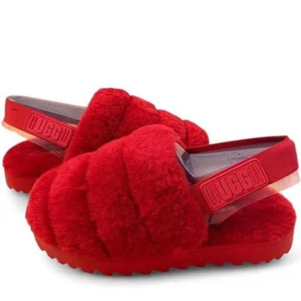 UGG fluff slippers Red Sheepskin Platform Slide Sandals Womens 8 uk 6